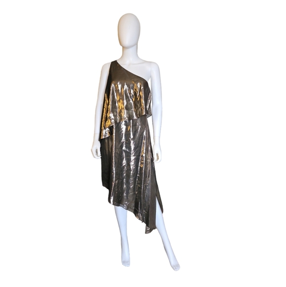 Halston Heritage Dresses & Skirts - NWT • HALSTON HERITAGE | Gold Silk One Shoulder Midi Dress in Size US 6